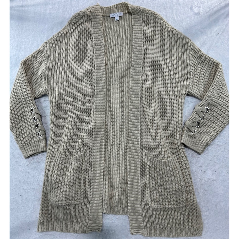 Boutique Plus Women 1X Oatmeal Beige Shaker Knit Lace Up Sleeve Cardigan Sweater